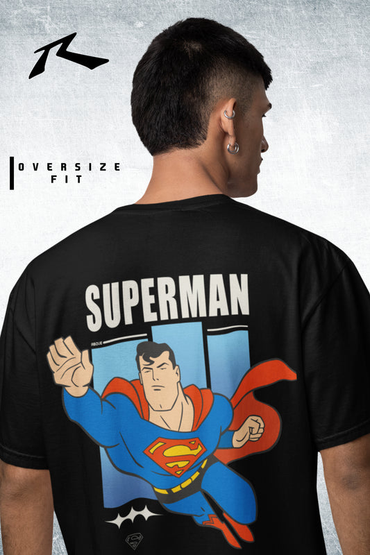 Person wearing a black Superman t-shirt with the brand logo on the back.