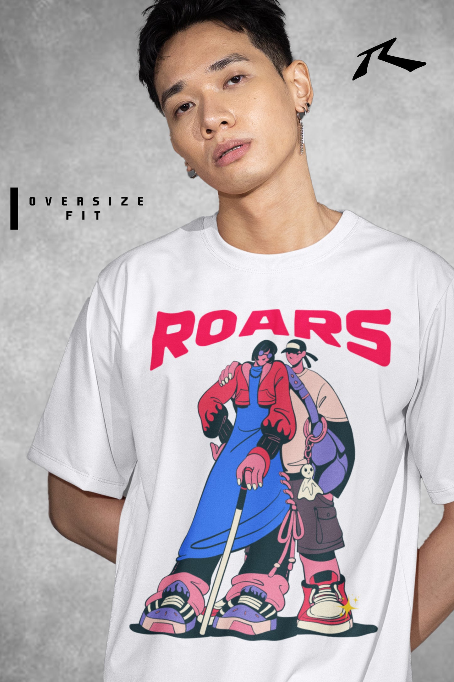 Person wearing a white t-shirt with a graphic design and 'ROARS' text on a gray background