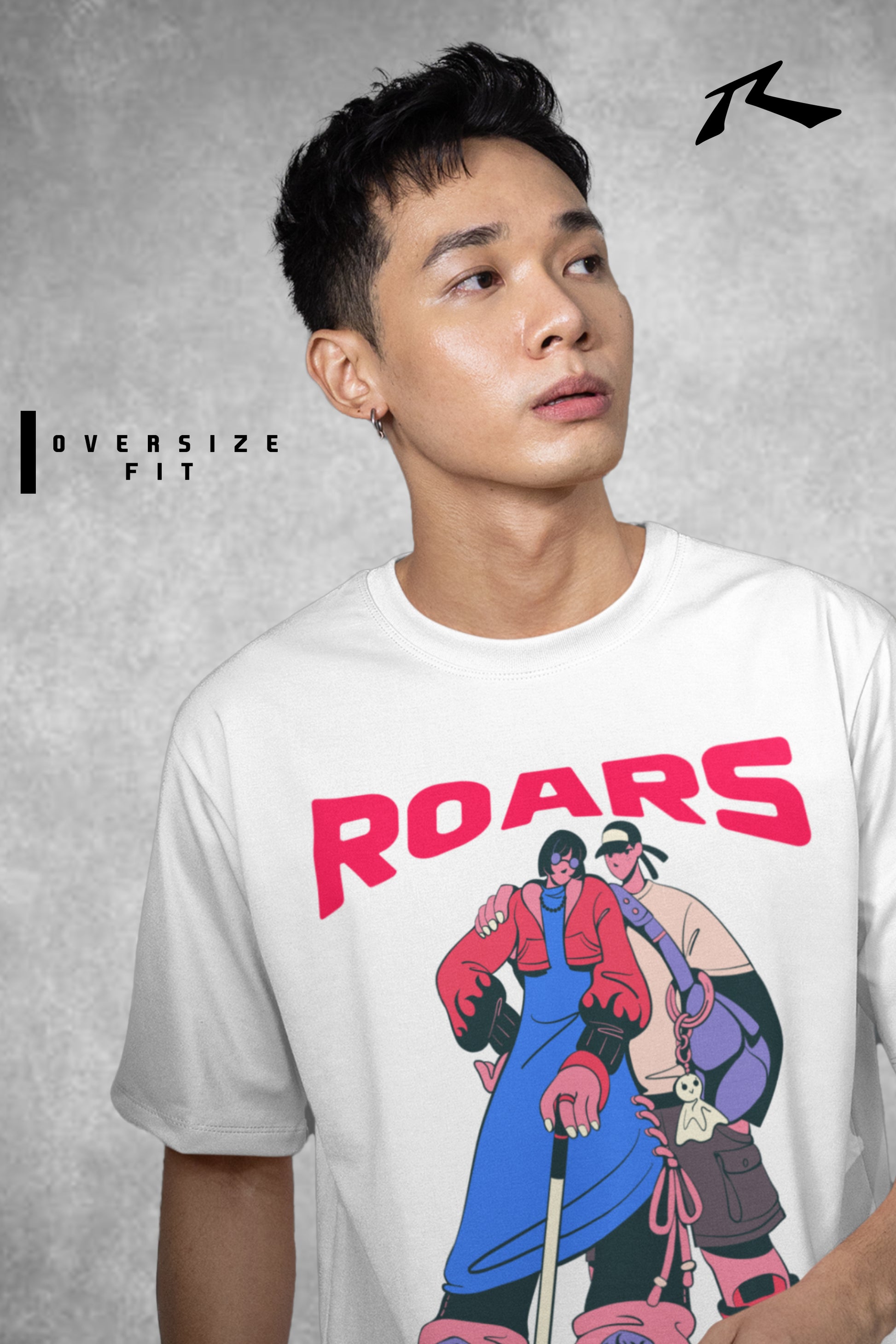 Person wearing a white t-shirt with a graphic design and 'ROARS' text on a gray background