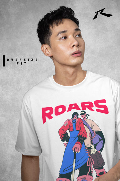 Person wearing a white t-shirt with a graphic design and 'ROARS' text on a gray background