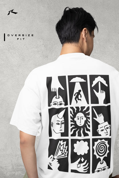 Person wearing a white t-shirt with black abstract designs on the back, on a gray background.