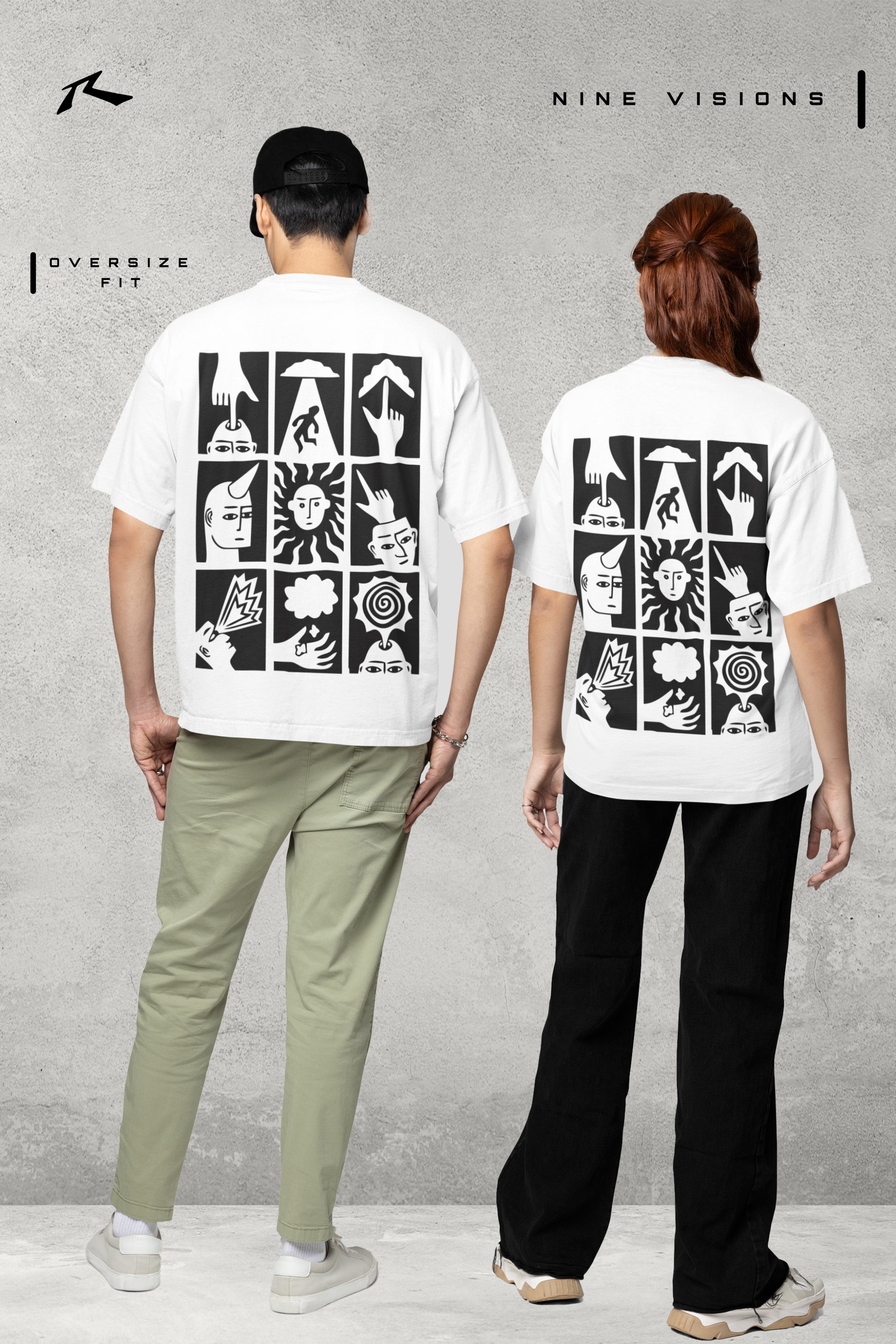 Two people wearing white t-shirts with black graphic designs on a gray background, featuring the brand 'Nine Visions'.