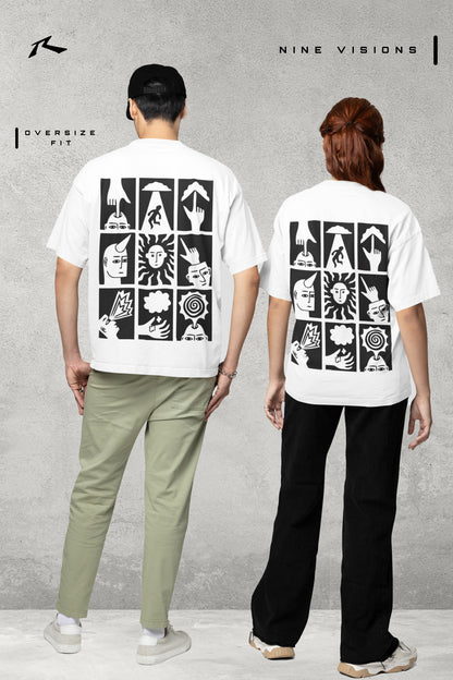 Two people wearing white t-shirts with black graphic designs on a gray background, featuring the brand 'Nine Visions'.